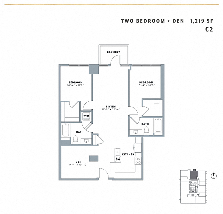 Floor plan for 2 beds, 2 baths, 1219 sqft